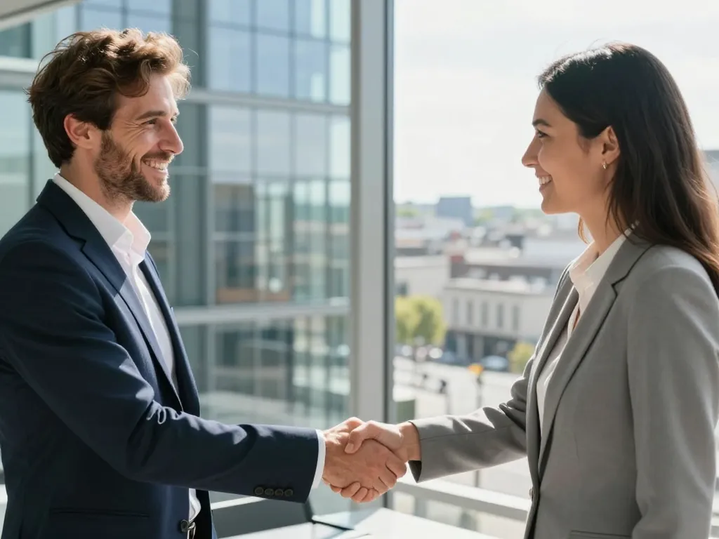 Un échange professionnel chaleureux entre des conseillers et un dirigeant dans un bureau moderne à Angers.