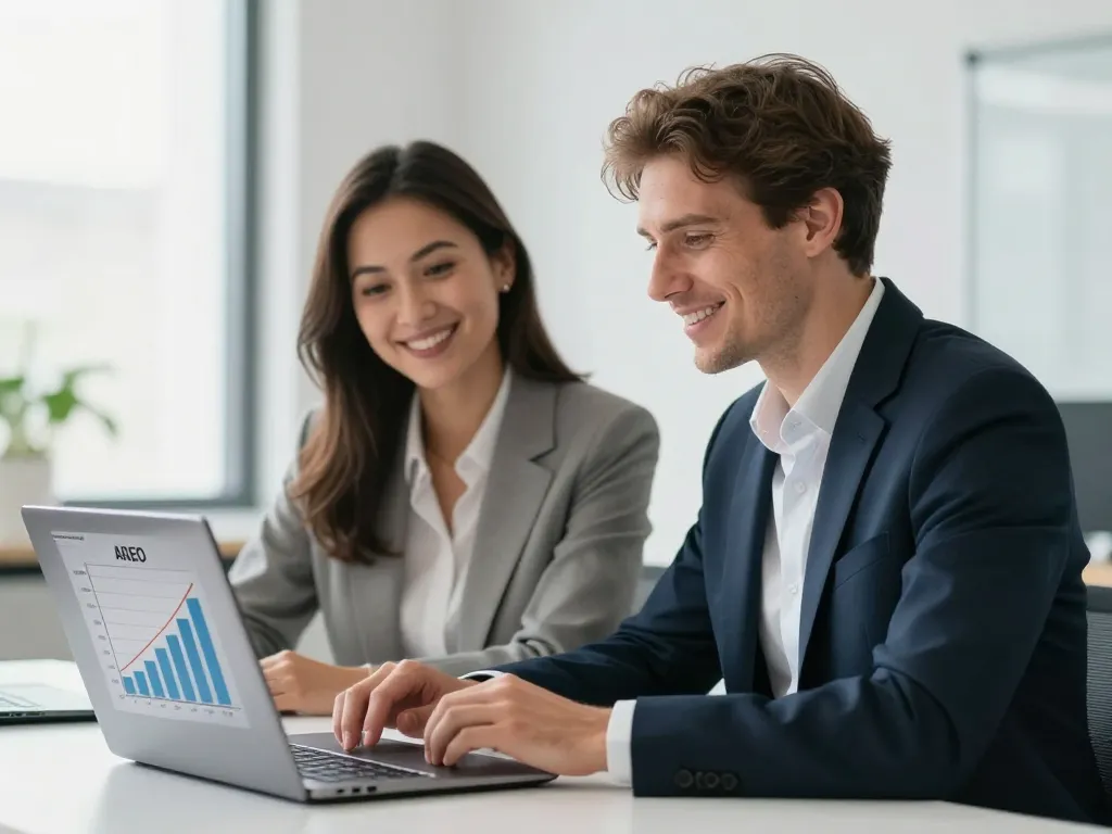 Deux experts en marketing digital analysant des résultats de visibilité locale sur un écran d'ordinateur dans un bureau lumineux à Angers.
