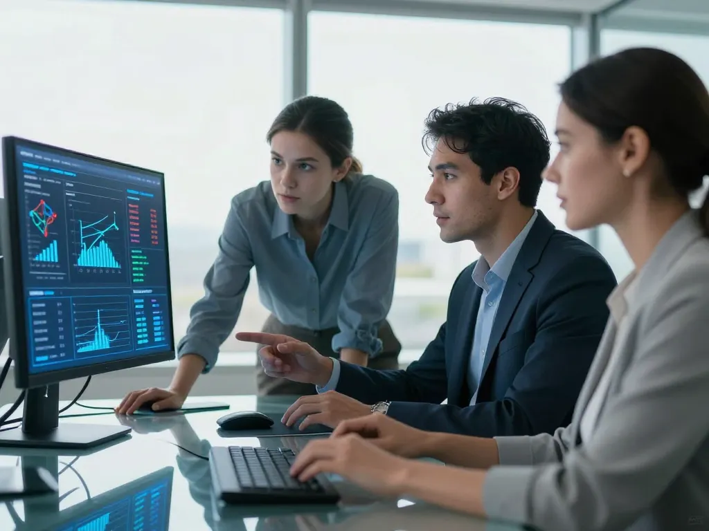 Deux experts en marketing digital analysant des graphiques de performance et des indicateurs de données sur un écran dans un bureau moderne.