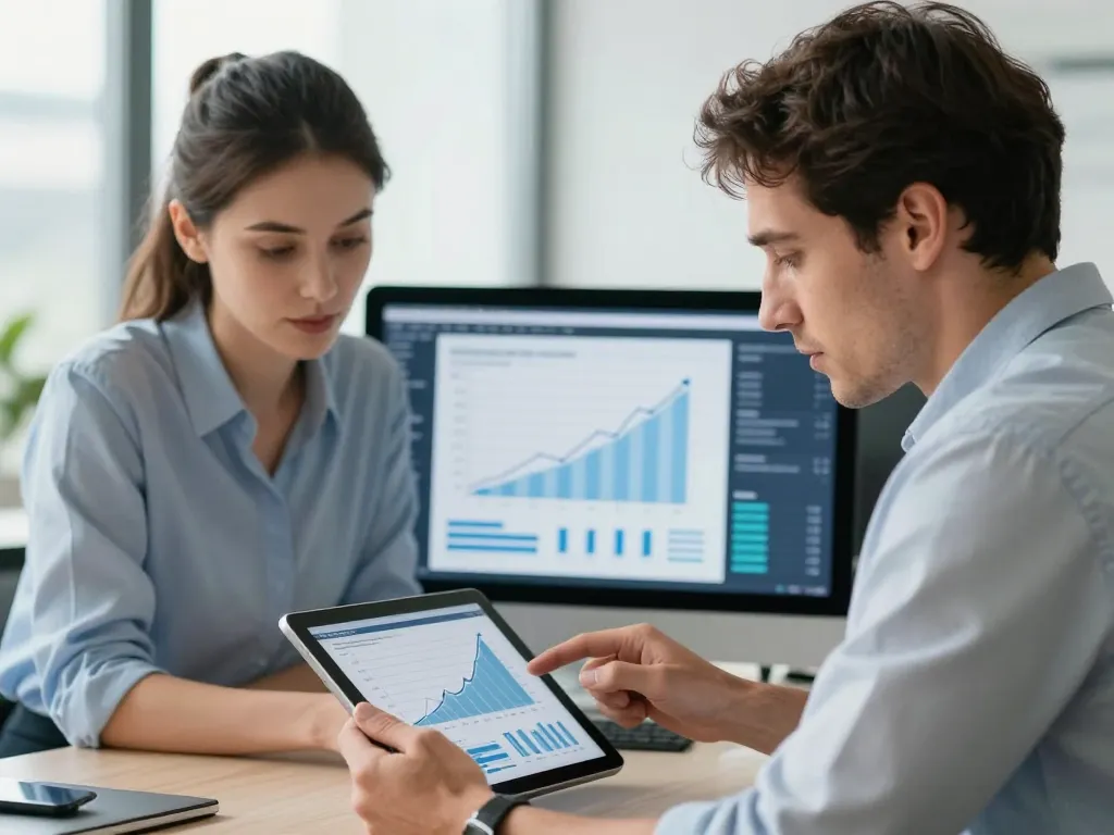 Deux experts en marketing digital analysent des graphiques de croissance et de performance SEO dans un bureau lumineux.