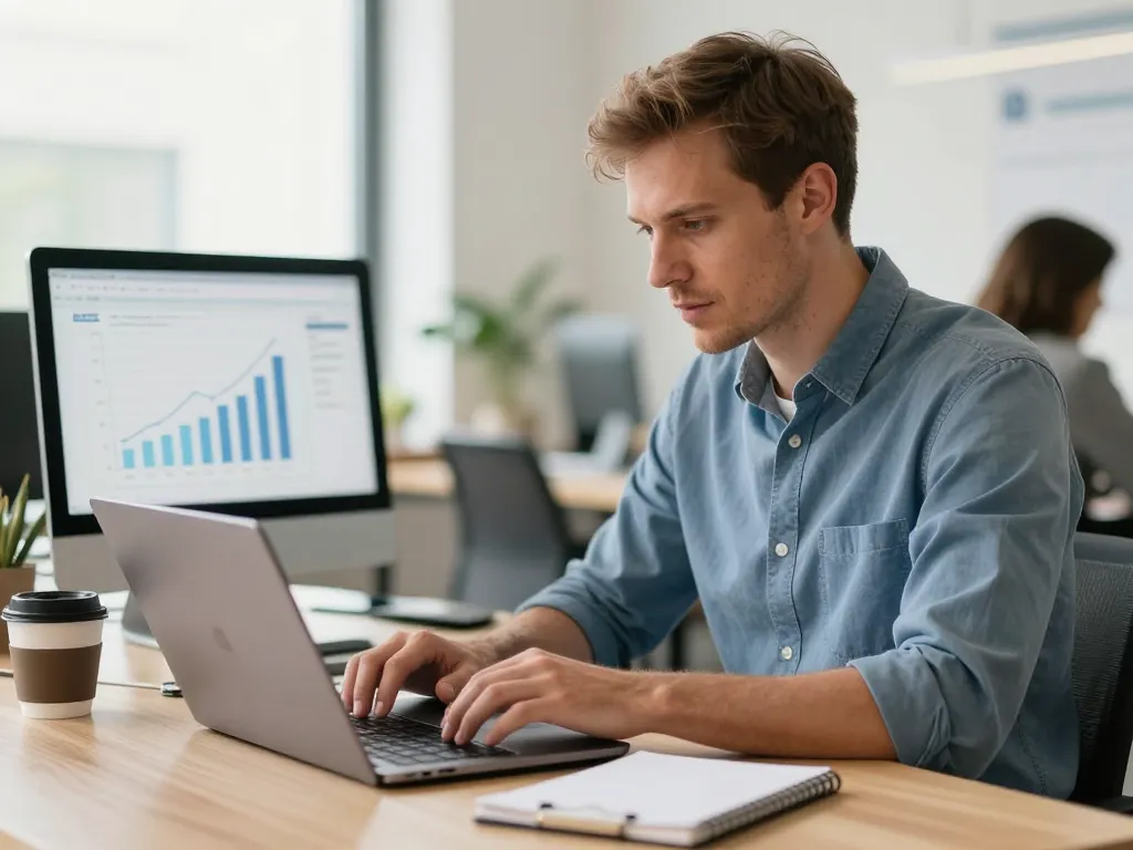 Léa et Antoine, deux experts en netlinking, collaborent de façon professionnelle dans un bureau lumineux.