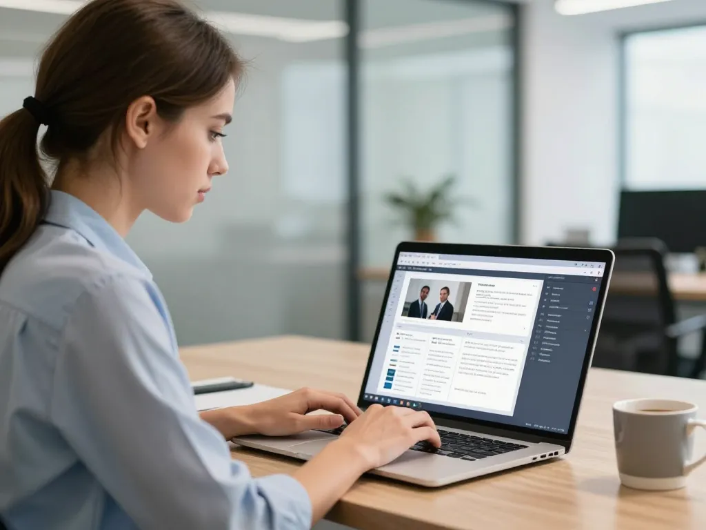 Une rédactrice web professionnelle travaillant sur la création de contenus éditoriaux captivants dans un bureau moderne et lumineux.