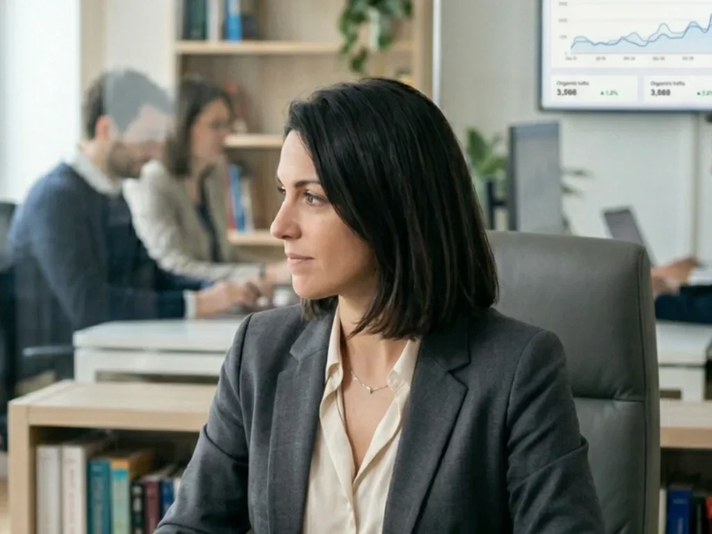 Portrait professionnel et souriant de Thomas et Léa dans un bureau lumineux pour la page contact.