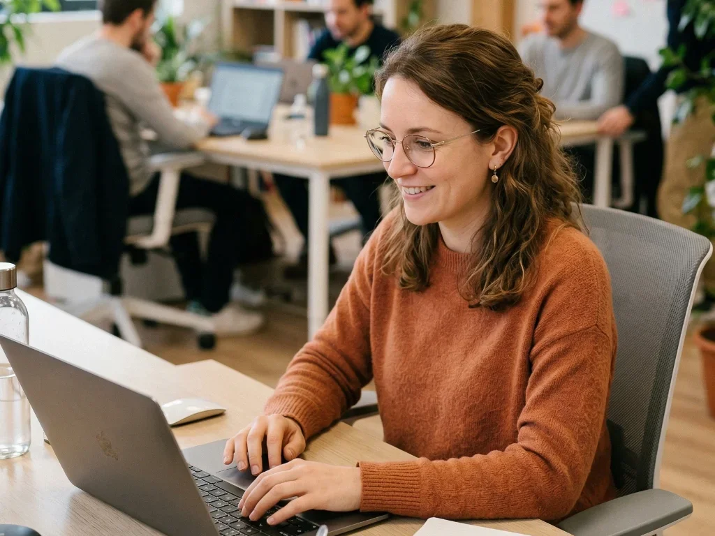 Équipe d'experts en marketing digital collaborant dans un bureau lumineux à Angers pour améliorer la visibilité locale d'une entreprise.