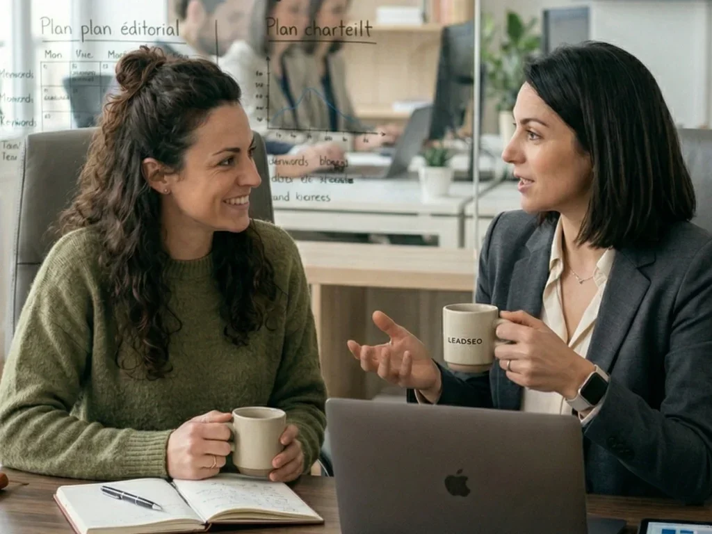 Experts en marketing digital analysant les performances de recherche locale sur une tablette dans un bureau moderne.