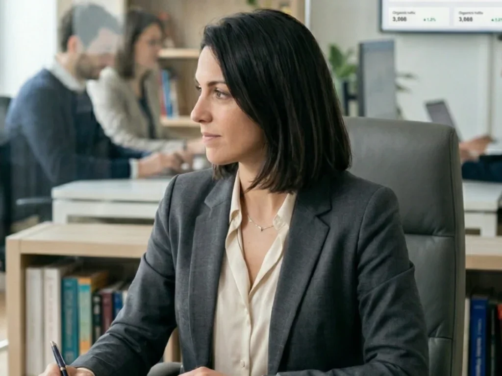 Thomas et Léa, experts en netlinking, analysant des données de performance SEO dans un bureau moderne.