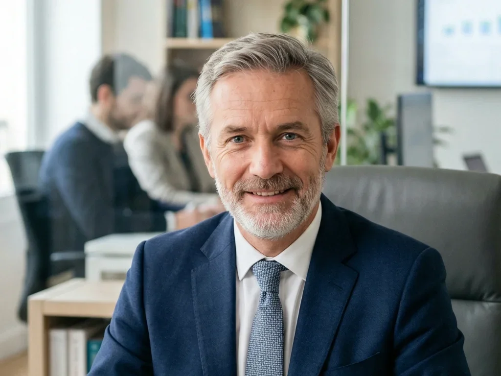 Expert en référencement naturel accompagnant un dirigeant d'entreprise devant un écran affichant des statistiques de croissance à Angers.