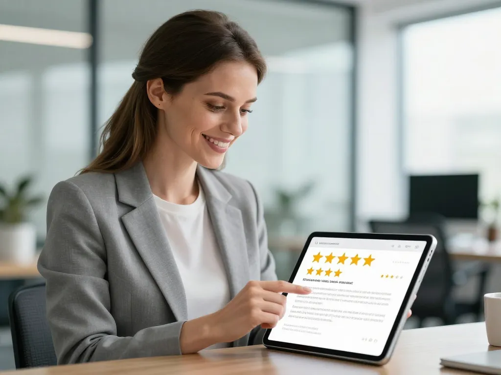 Une professionnelle souriante consultant des avis clients positifs sur une tablette dans un bureau moderne et lumineux.