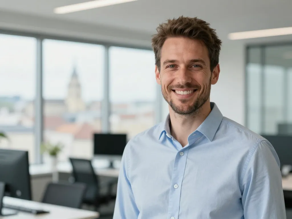 Portrait de Kevin, un partenaire professionnel souriant et confiant dans un bureau à Angers.