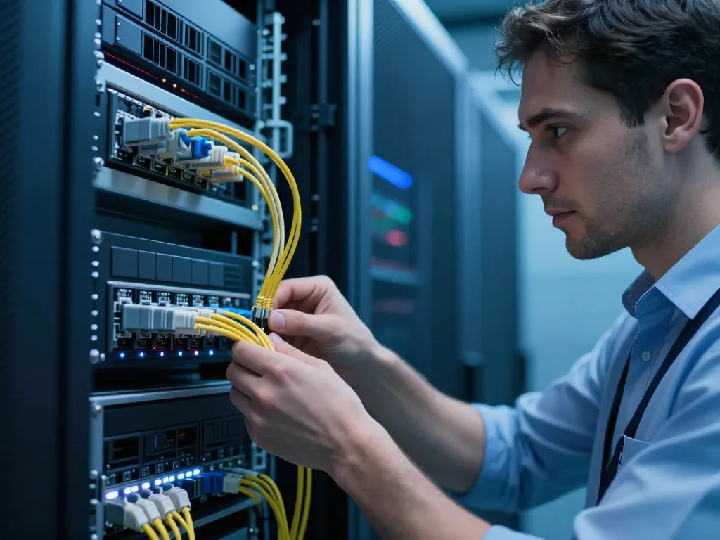 Un expert en informatique intervient sur les serveurs d'un centre de données pour optimiser l'infrastructure technique.