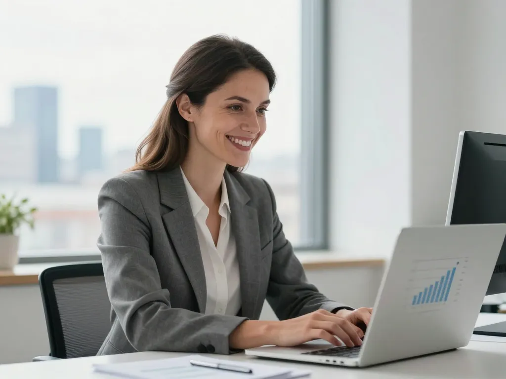 Chef d'entreprise satisfaite des résultats de son référencement naturel à Angers devant son ordinateur.